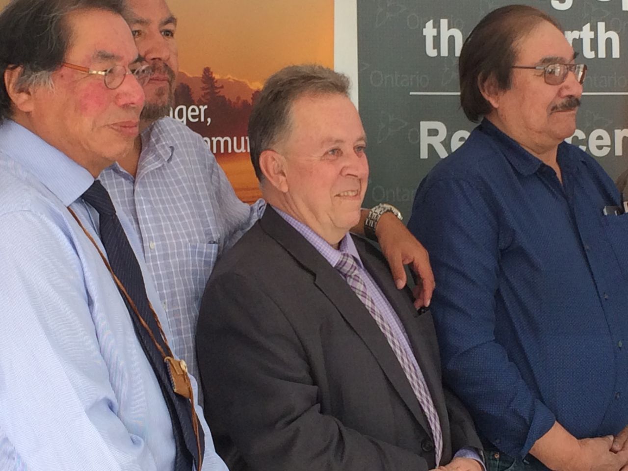 Geordi Kakepetum , Nan Deputy Grand Chief Terry Wabose, Ontario minister, the honourable Michael Gravelle and Chief Joseph Crowe of Fort Severn First Nation.