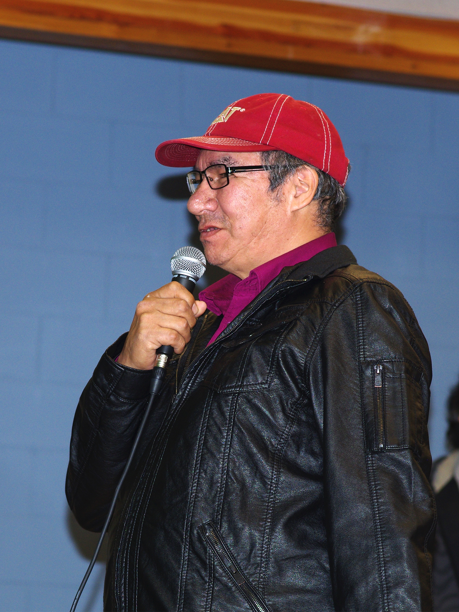 Deer Lake Chief Royle Meekis addresses the crowd in the school gym on April 15th
