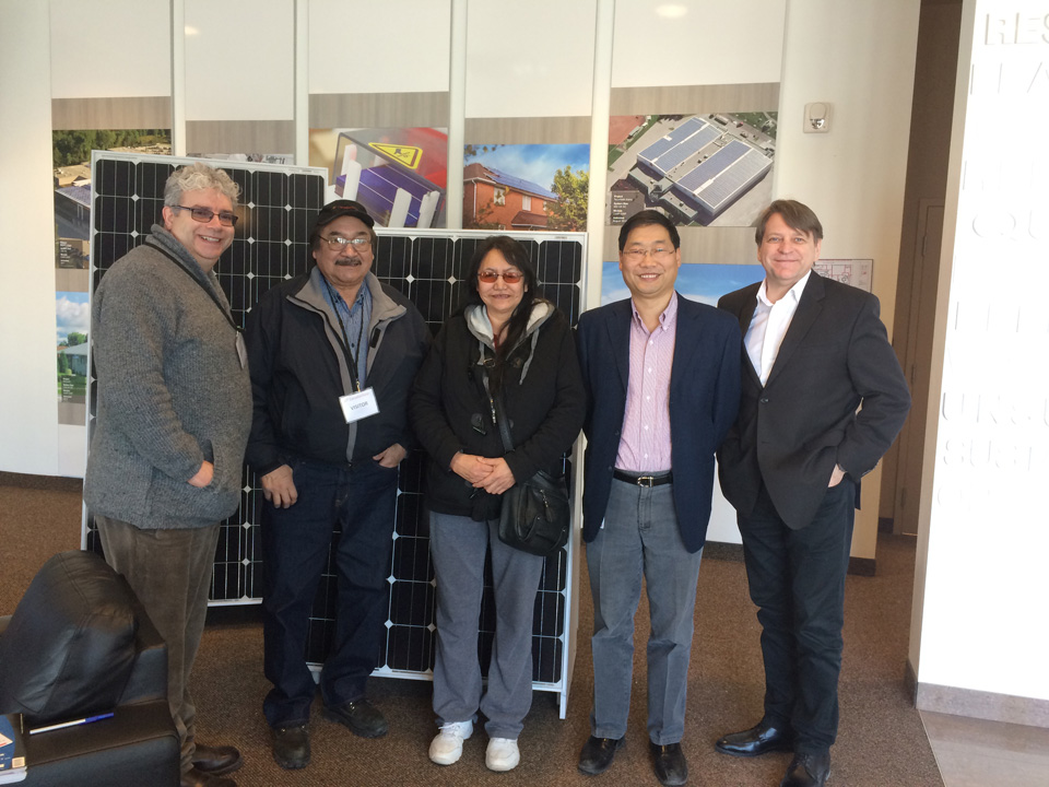 Touring Canadian Solar (CS) in Guelph: L to R Brian Walmark, Chiefs Joseph Crowe (Fort Severn) and Alice Suggashie (Poplar Hill), Brian Lu (CS), and Ron Drews. Solar Panels from this plant have been installed in Deer Lake and Fort Severn.